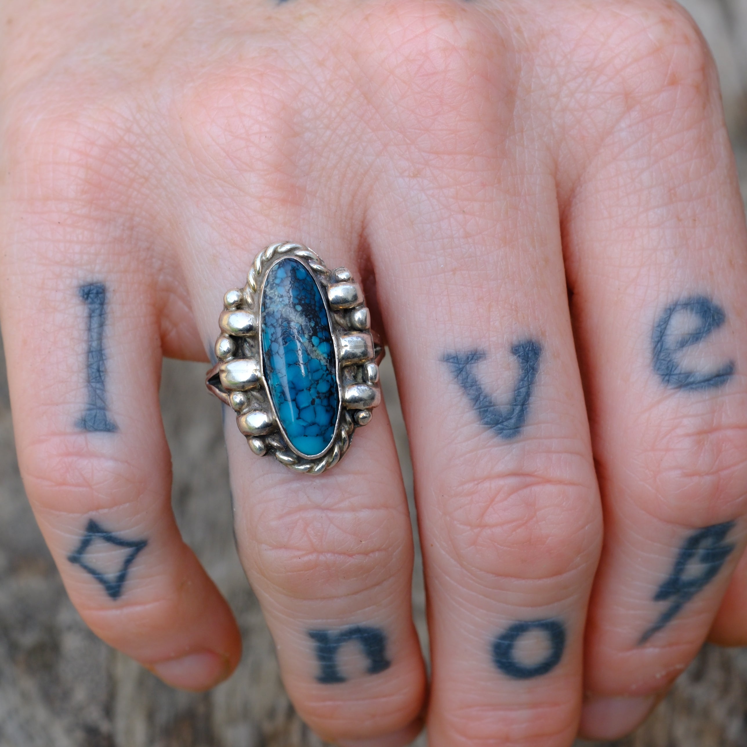 Vintage Sterling Spiderweb Turquoise Ring 5.75