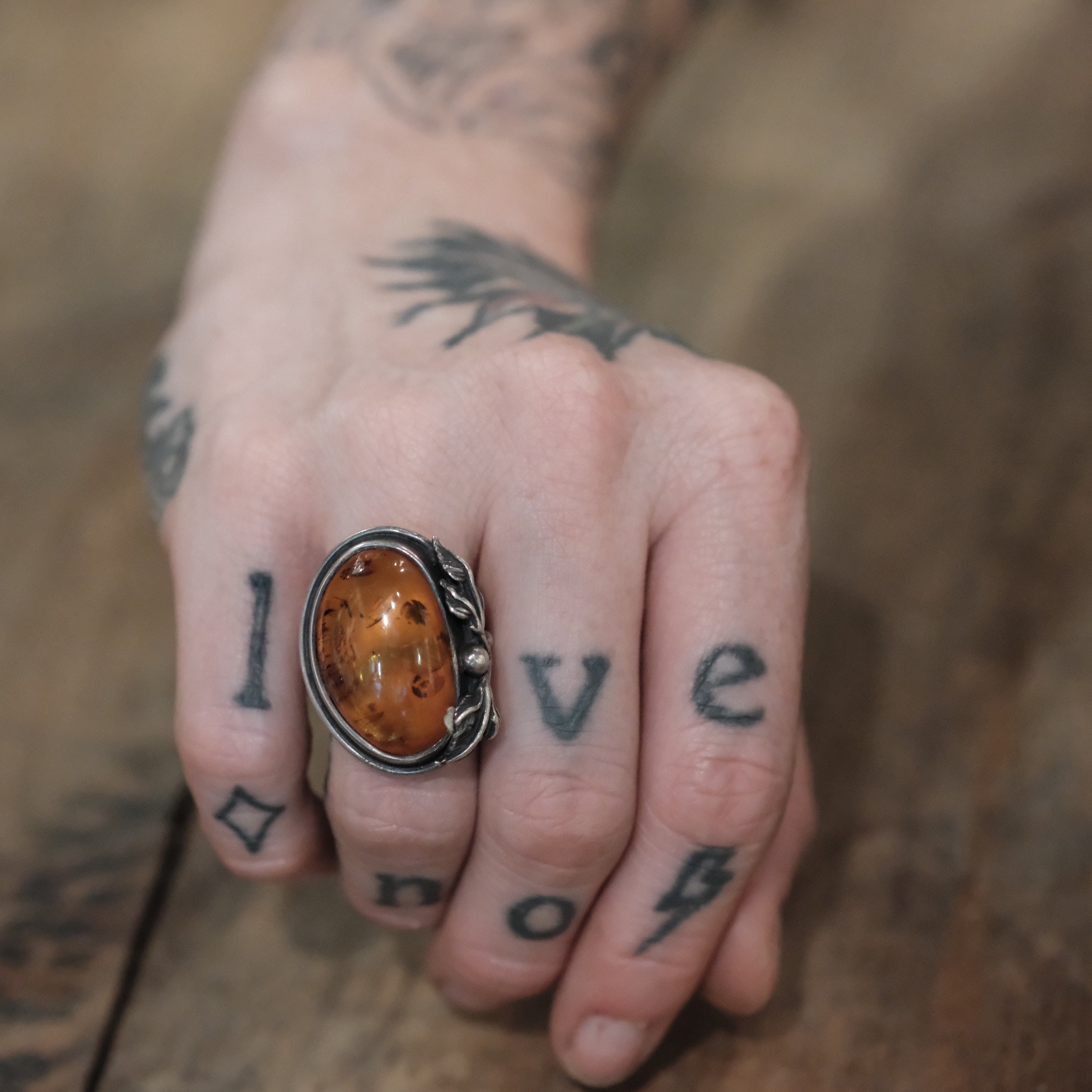 Vintage Sterling Amber Feather Ring 7