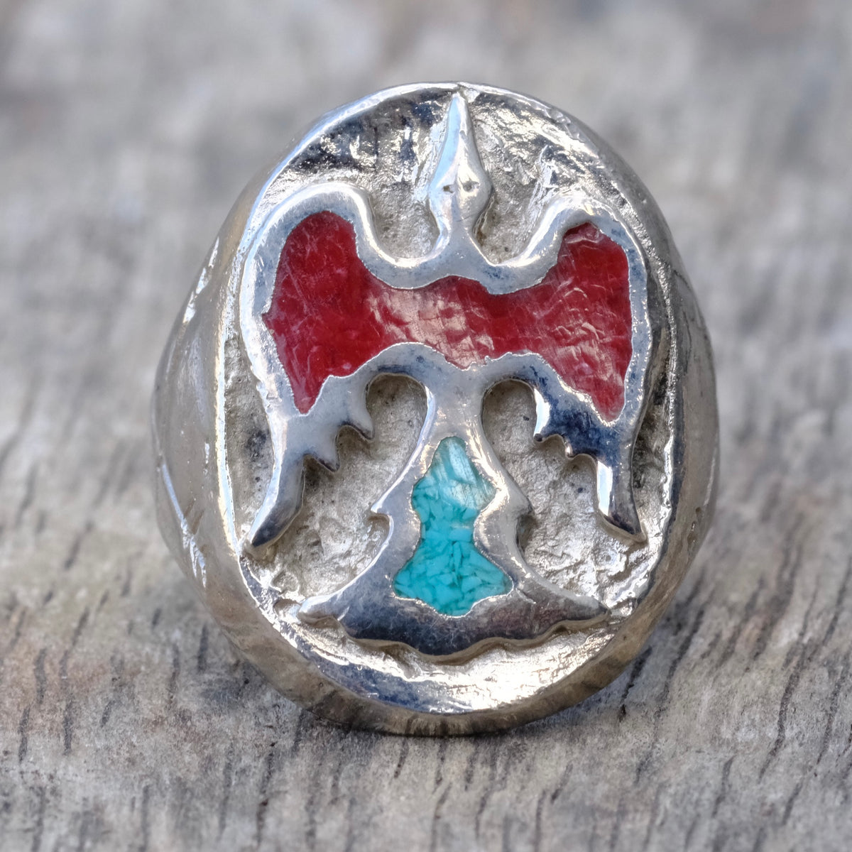 Vintage Sterling Turquoise and Coral Bird Ring 9.25