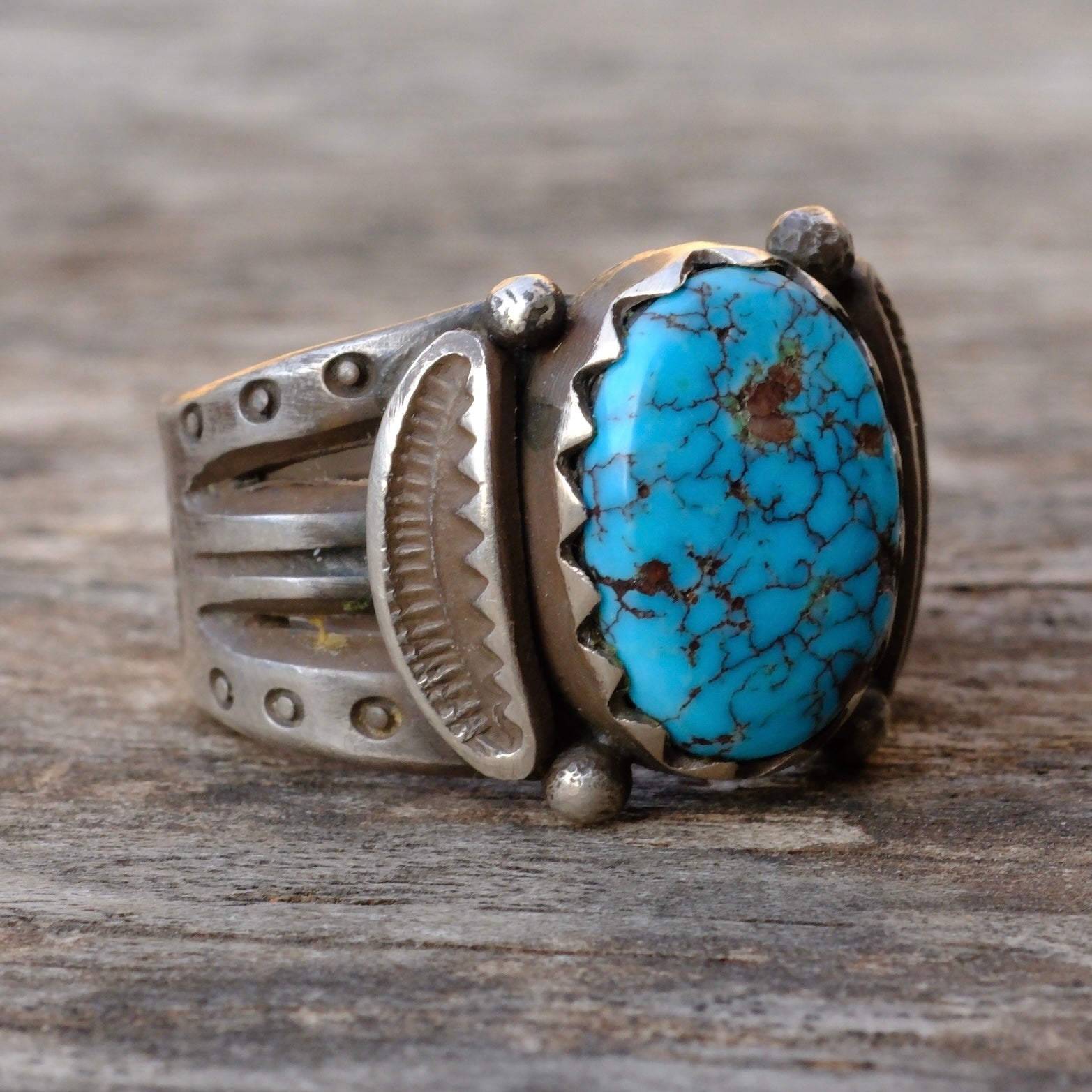 Heavy Ingot Sterling Silver Stamped Band Turquoise Ring 7