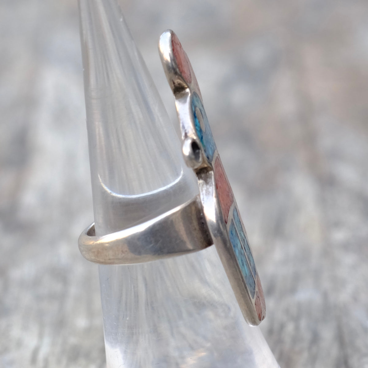 Vintage Sterling Turquoise and Coral Mickey Ring 4.75
