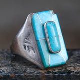 Vintage Sterling Turquoise Inlay Stamped Band Ring  14.25