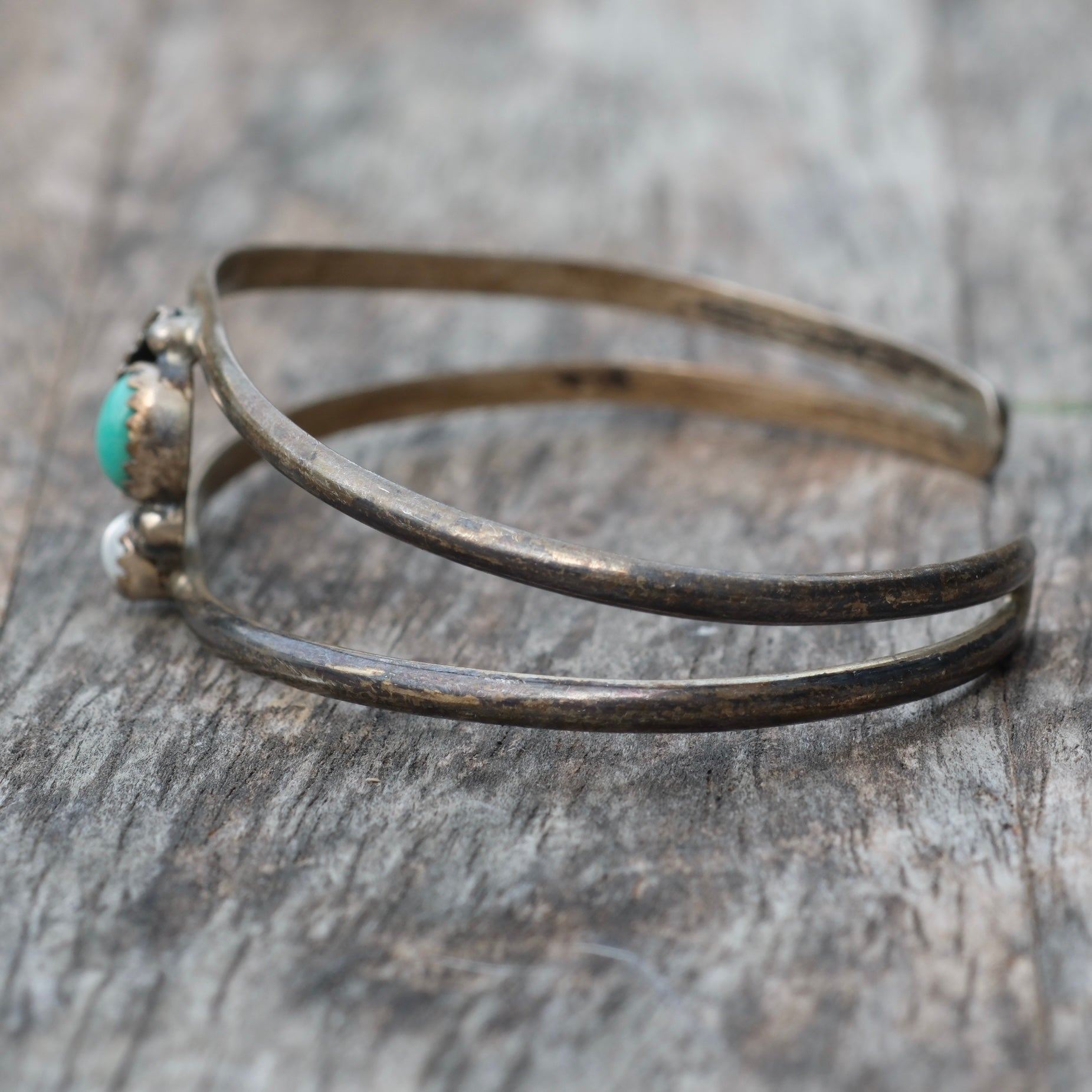 Vintage Sterling Turquoise and Mother Of Pearl Feather Cuff Bracelet