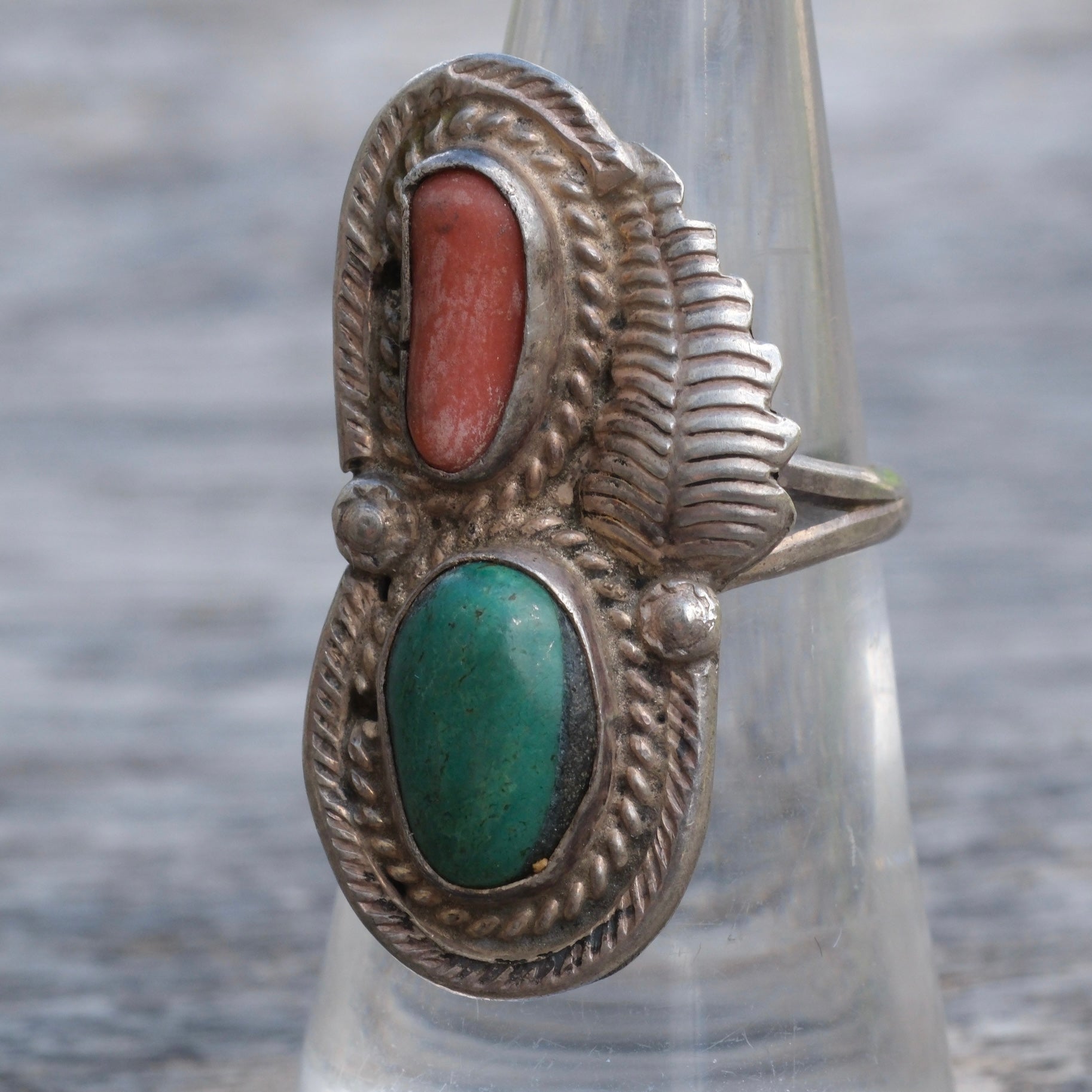 Vintage Sterling Turquoise and Coral Feather Ring 6.5