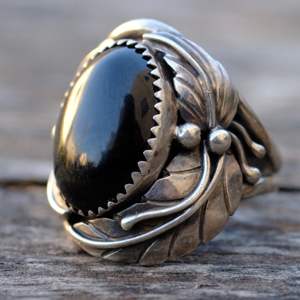 Vintage Sterling Onyx Feather Ring 8.75