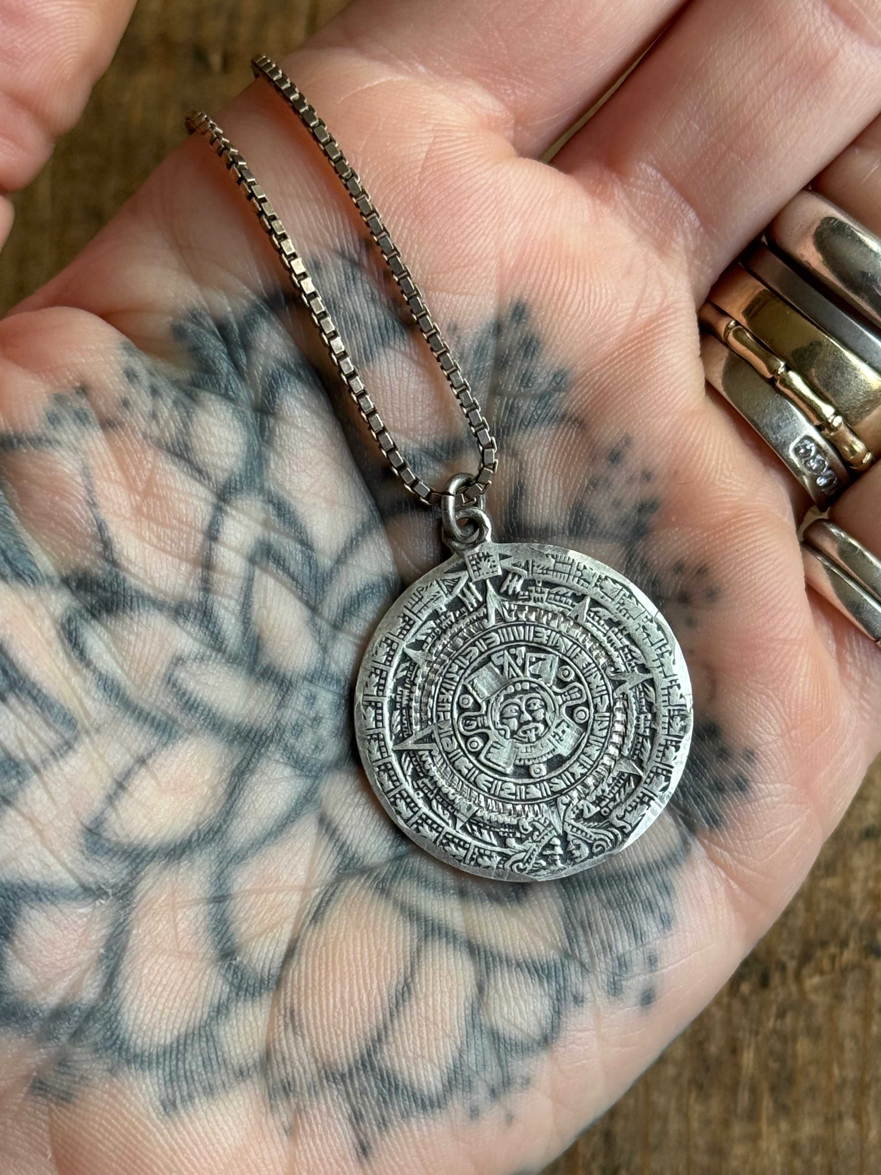Vintage Sterling Silver Aztec Calendar Necklace