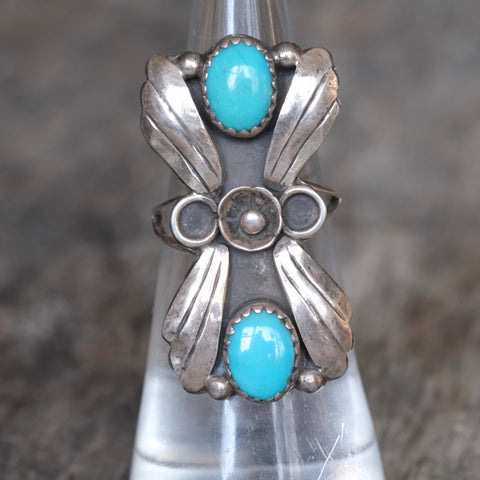 Vintage Sterling 2-Stone Turquoise Blossom Ring 4.75