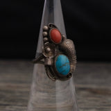 Vintage Sterling Turquoise and Coral Feather Ring 5.5