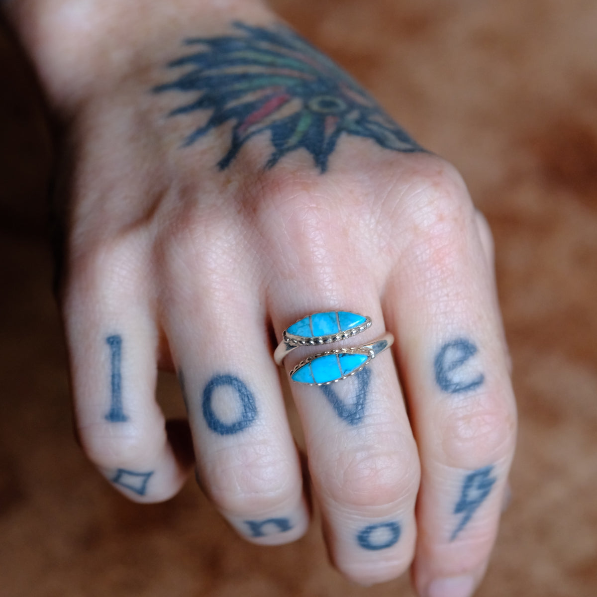 Vintage Sterling Turquoise Inlay Overpass Ring 7.5