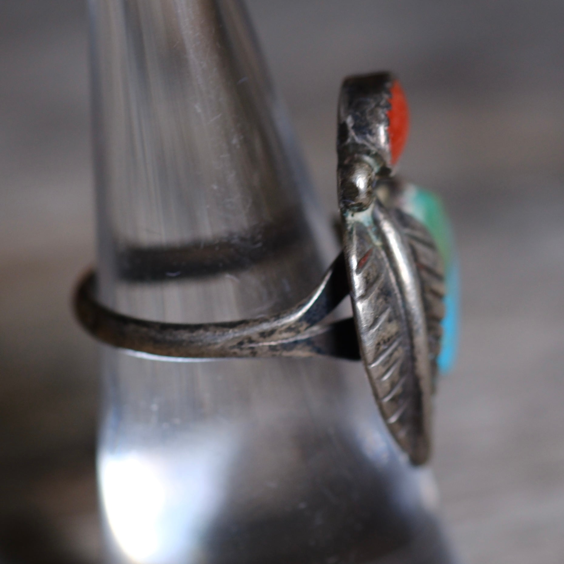 Vintage Sterling Turquoise and Coral Feather Ring 6.5