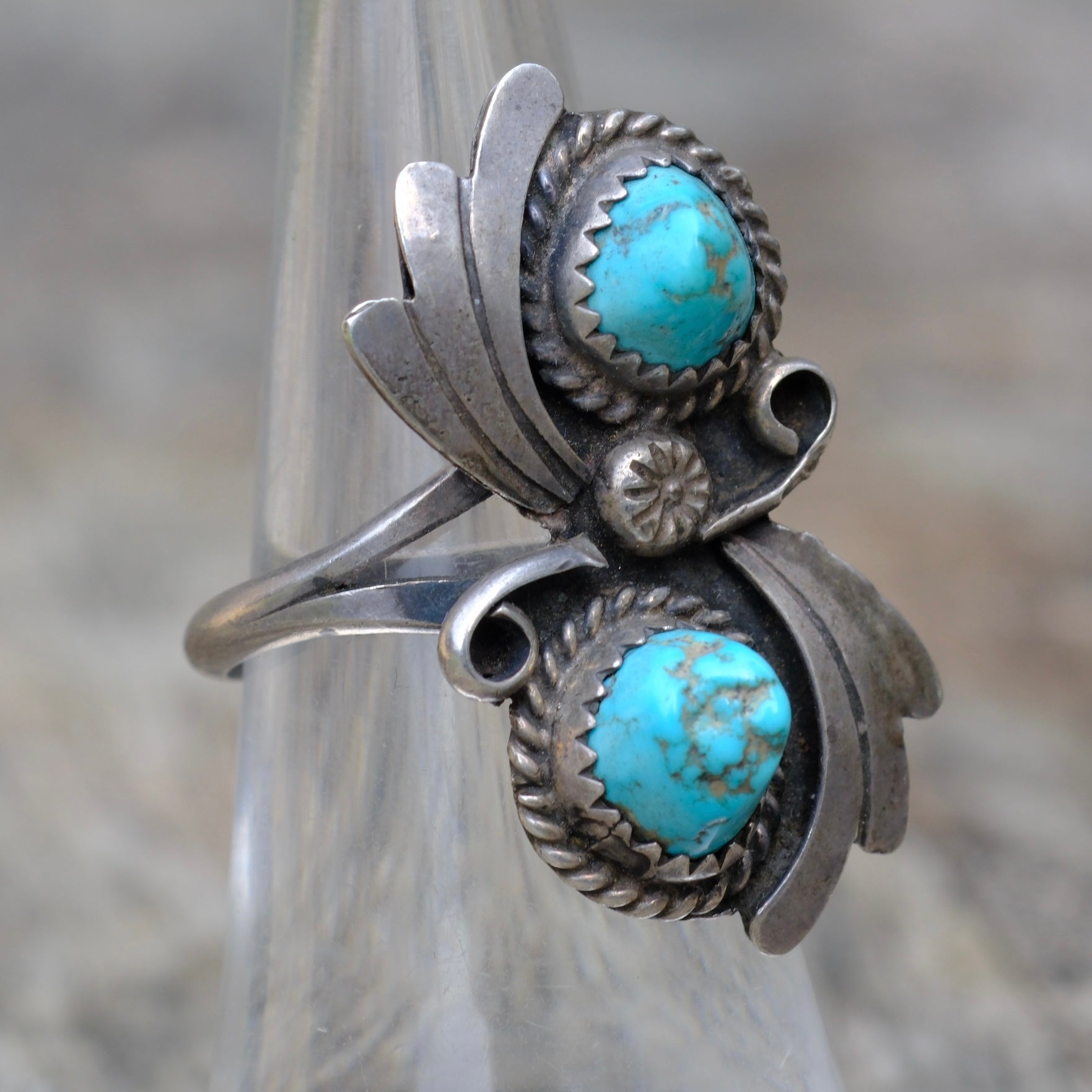 Vintage Sterling 2-Stone Turquoise Ring 6.25
