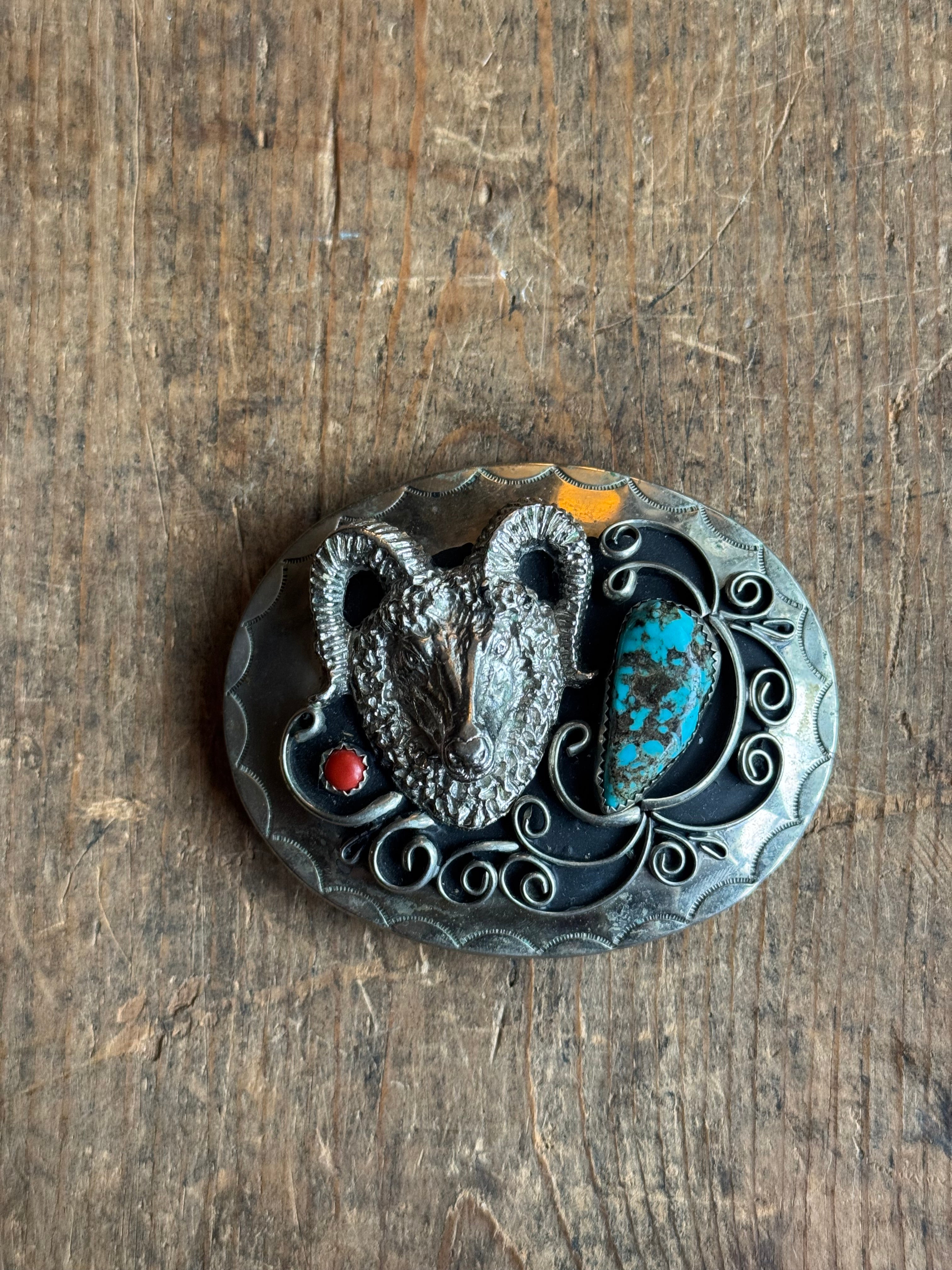 Vintage Turquoise & Coral Stamped Ram Nickel Belt Buckle
