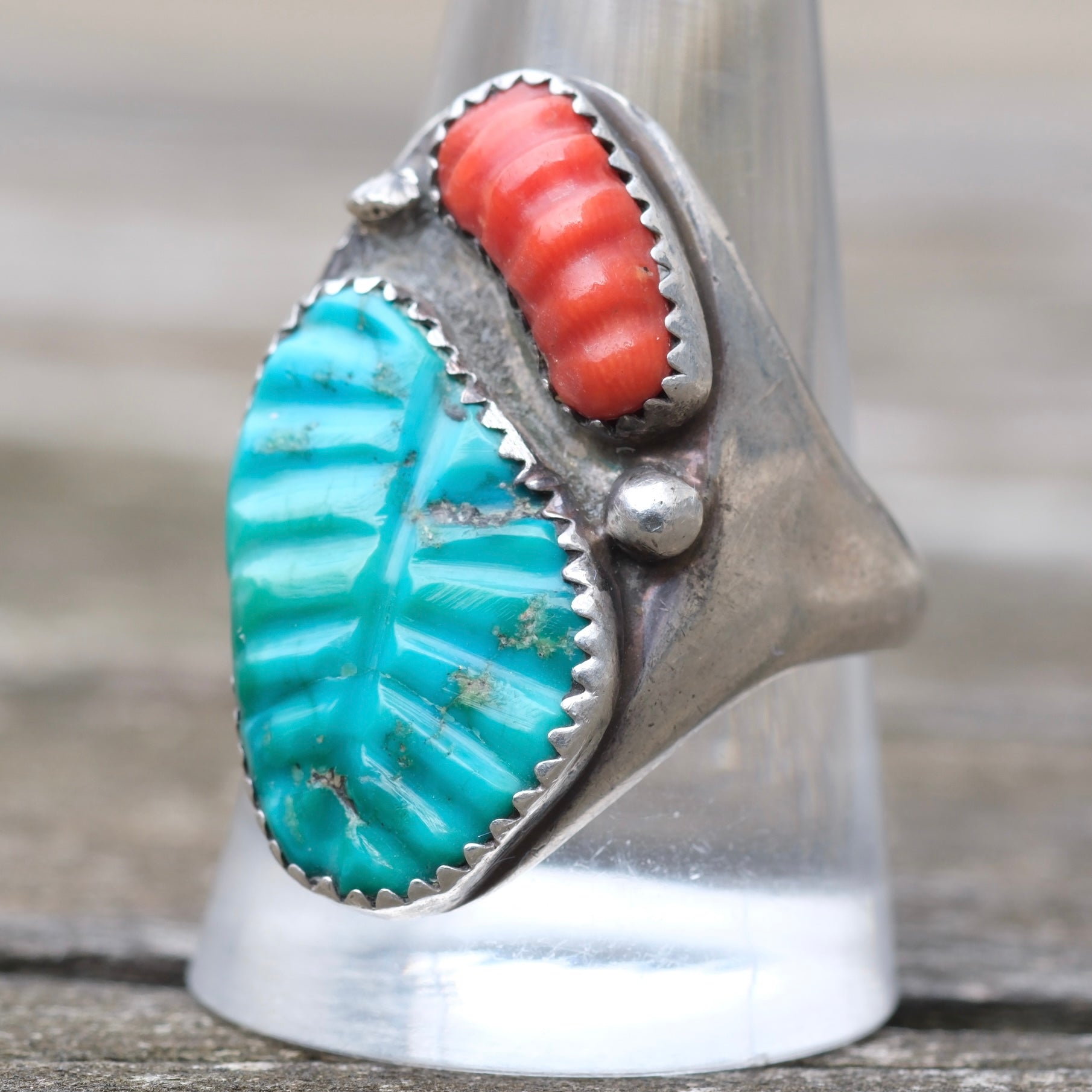 Vintage Sterling Faceted Turquoise and Coral Ring 11