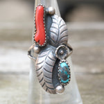 Vintage Sterling Turquoise and Coral Feather Ring 6