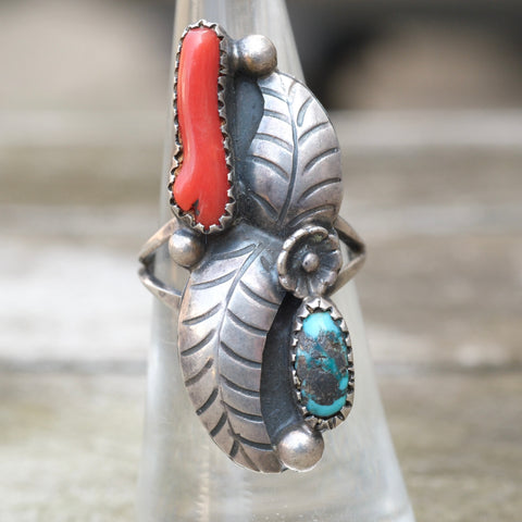 Vintage Sterling Turquoise and Coral Feather Ring 6