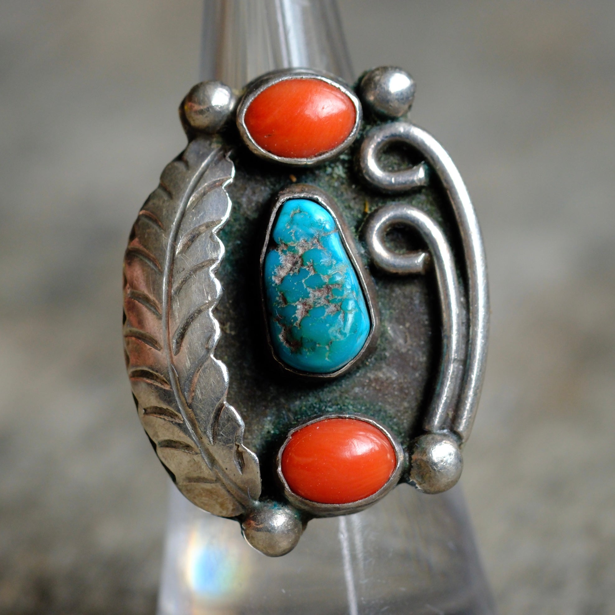 Vintage Sterling Turquoise and Coral Feather Ring 6