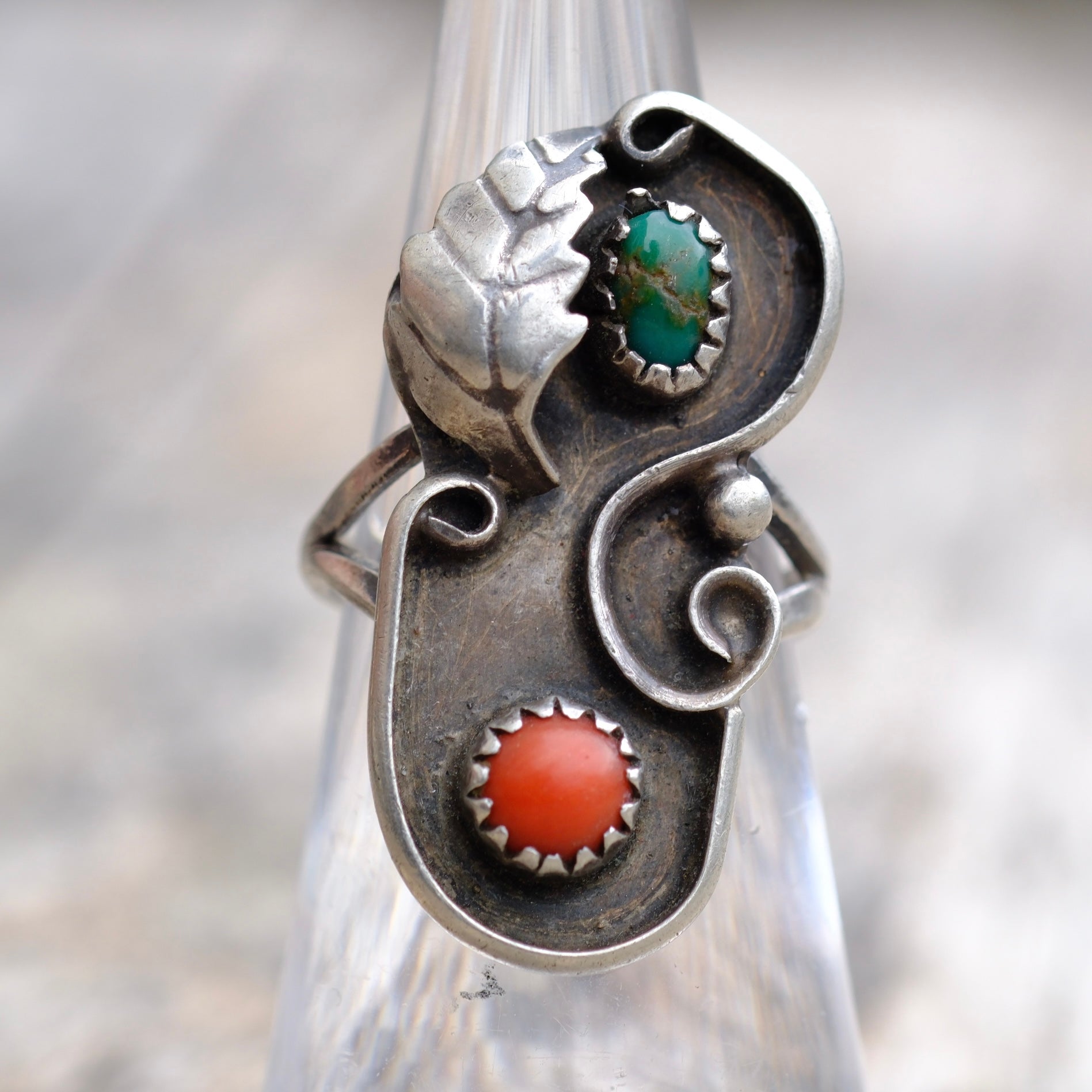 Vintage Sterling Turquoise and Coral Feather Ring 5.25