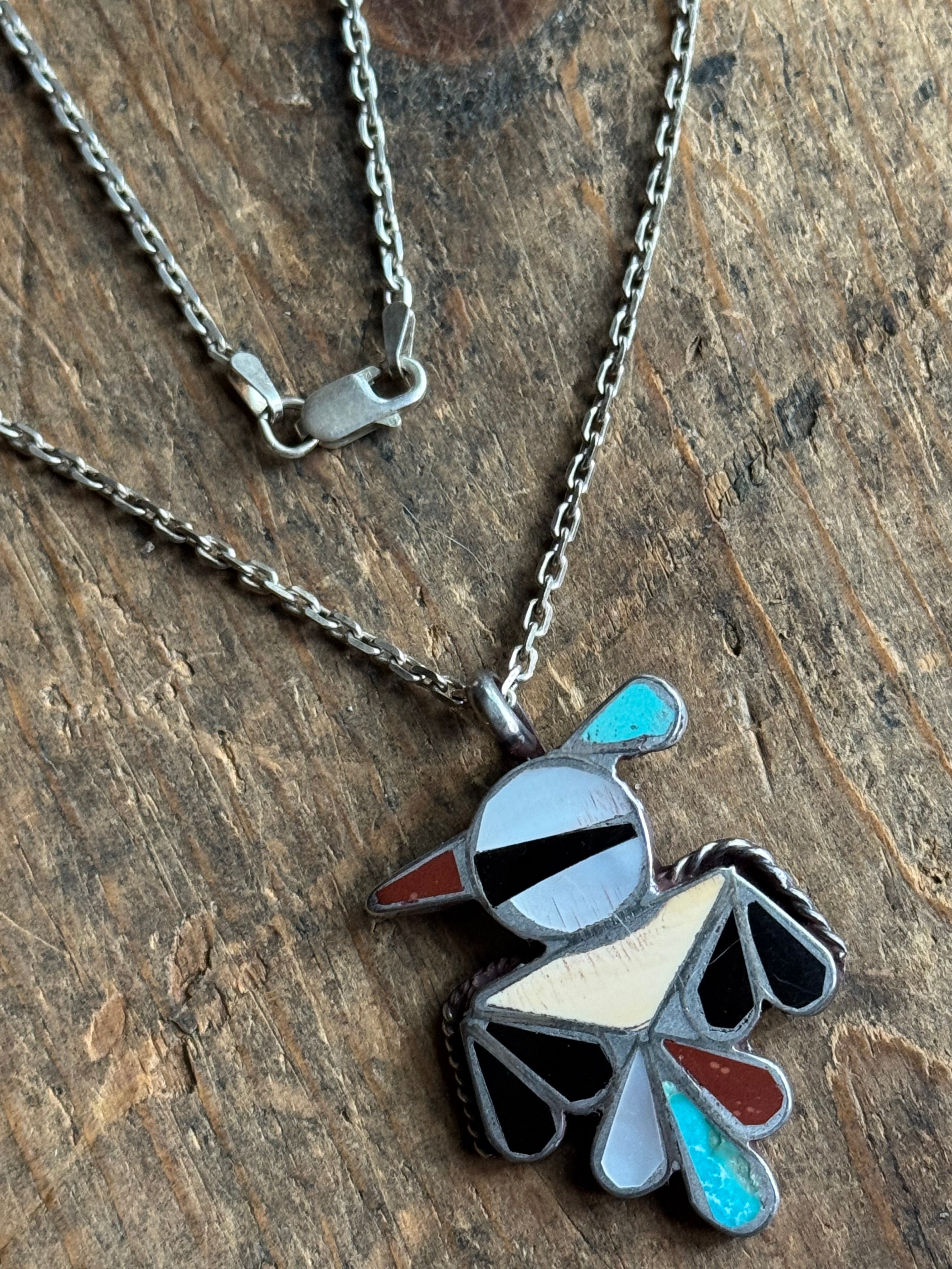 Vintage Sterling Silver Thunderbird Inlay Necklace