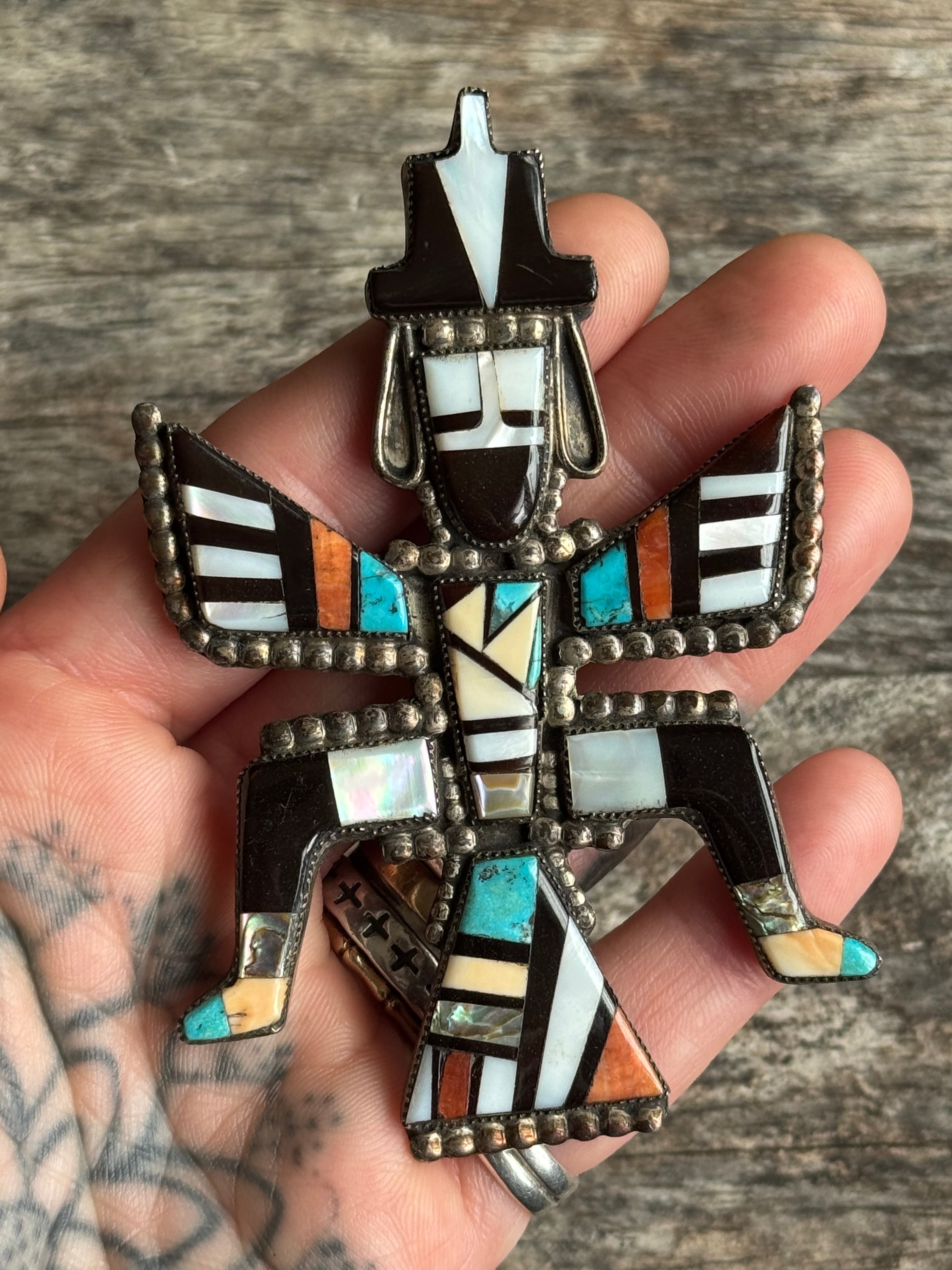 MASSIVE Vintage Sterling Silver Multistone Inlay Kachina Pin