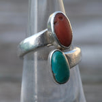 Vintage Sterling Turquoise and Coral Overpass Ring 5.75