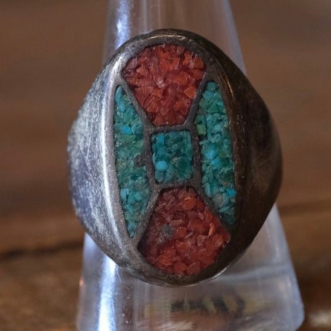 Vintage Sterling Crushed Turquoise and Coral Inlay Ring 10.5