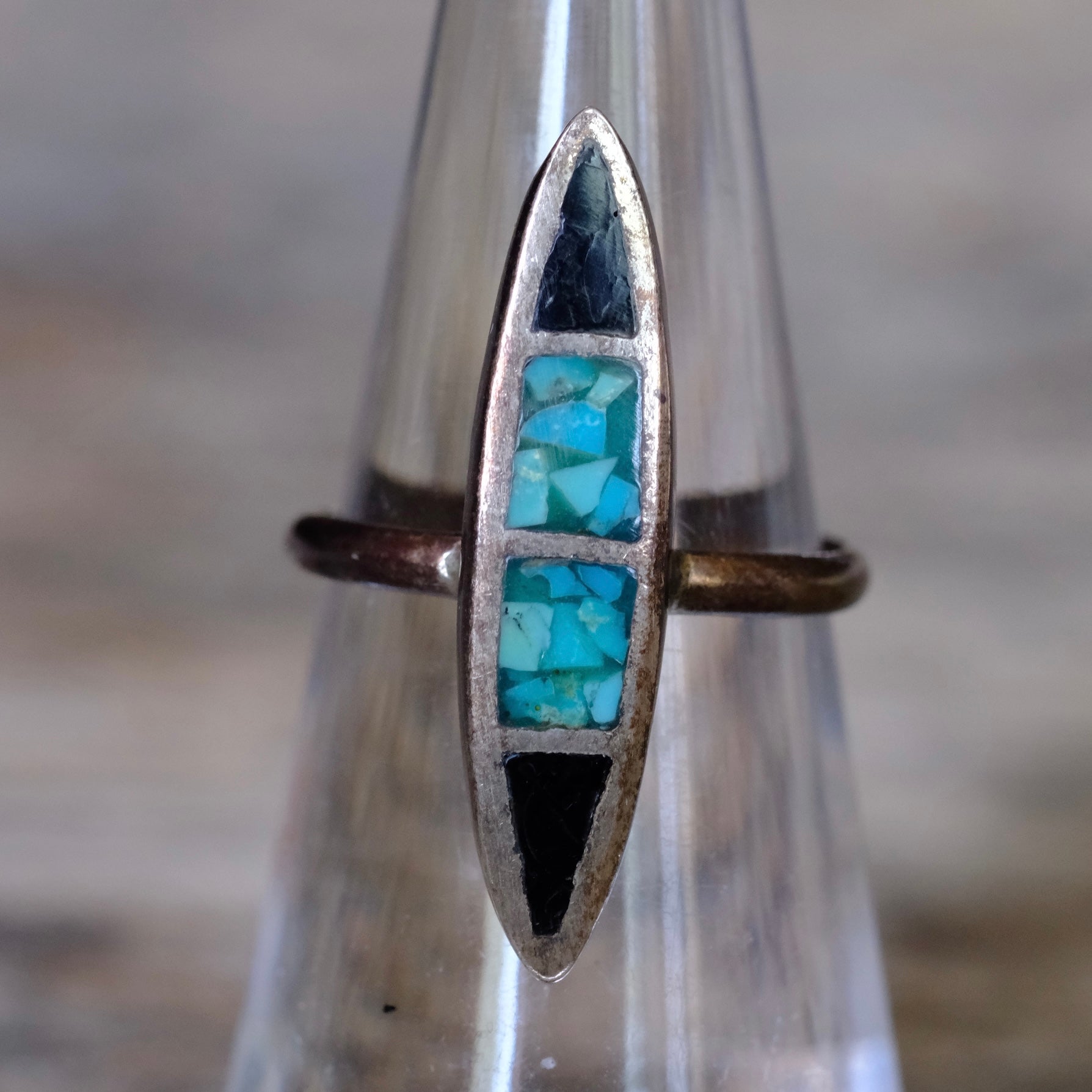 Vintage Sterling Turquoise and Onyx Inlay Ring 5.25