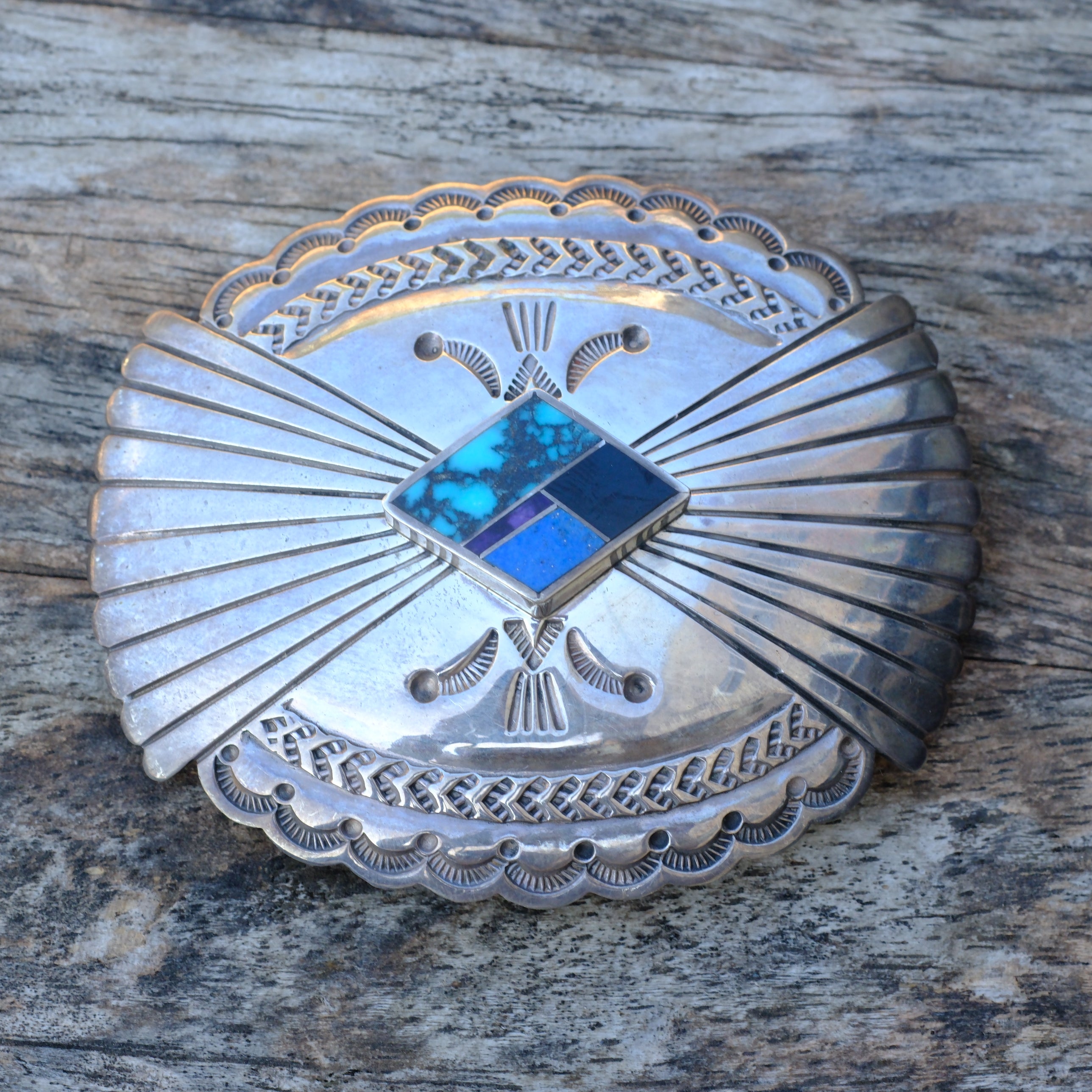 Vintage Sterling Multi Stone Inlay Stamped Belt Buckle