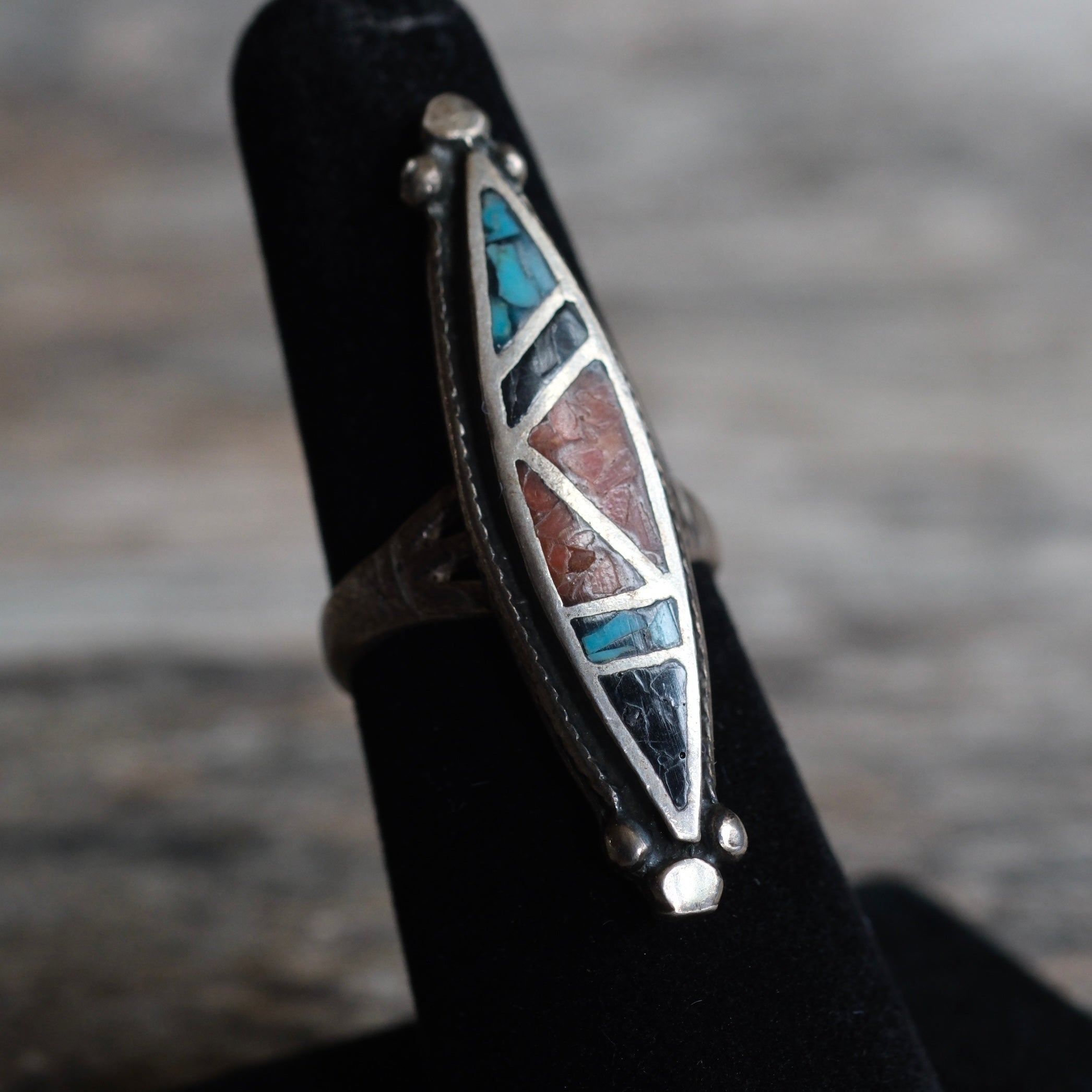 Vintage Sterling Turquoise and Coral and Onyx Ring 6