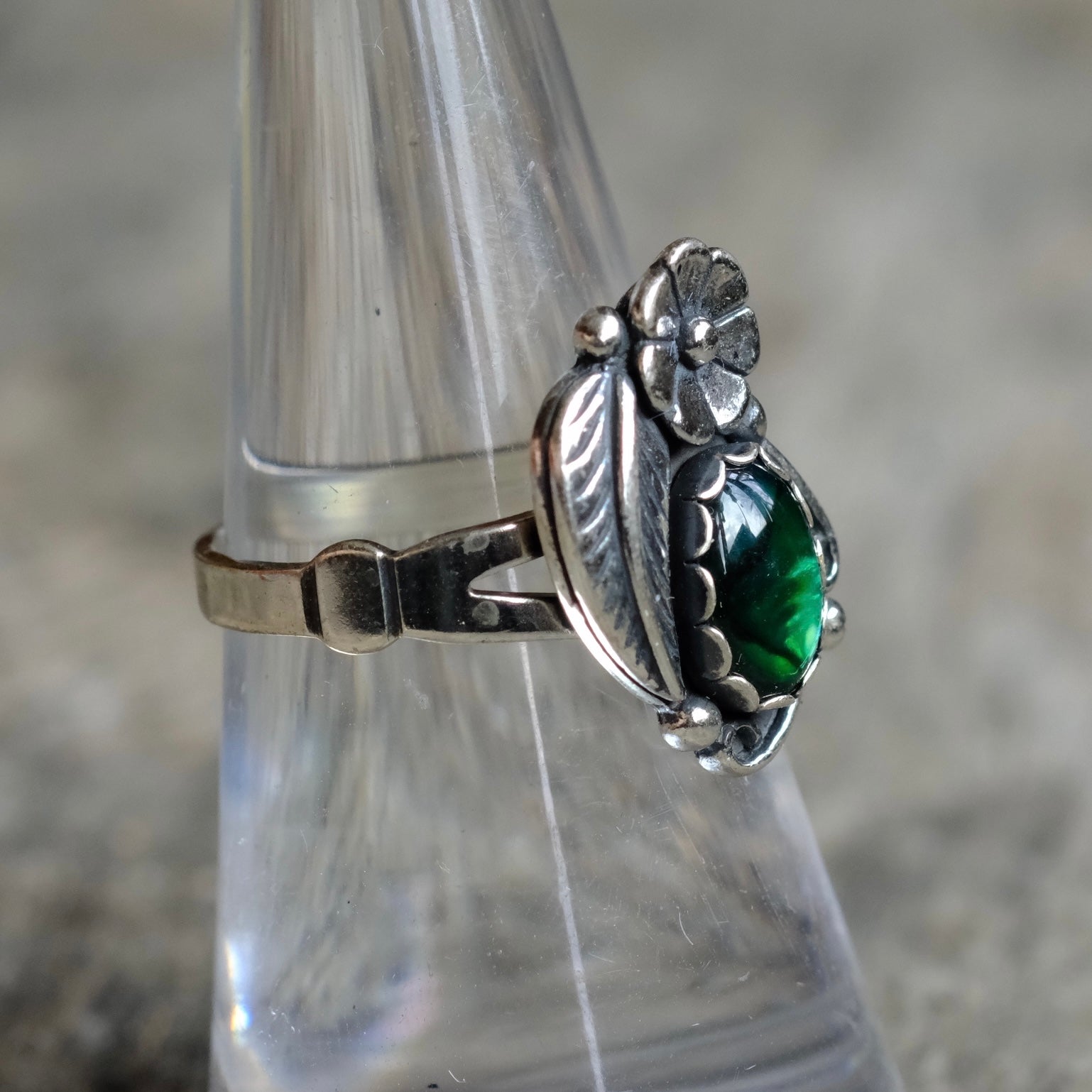 Vintage Sterling Blue Abalone Feather Blossom Ring 6.75