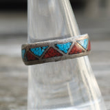 Vintage Sterling Crushed Turquoise and Coral Inlay Band 8.25