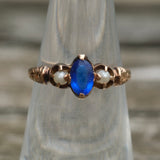 Victorian 14K Gold Blue Gem and Pearl Ring 5.25