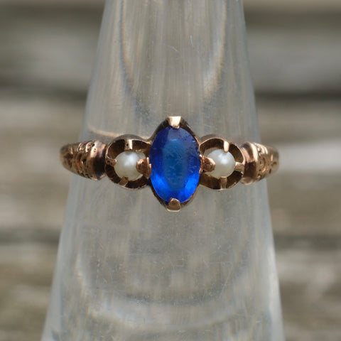 Victorian 14K Gold Blue Gem and Pearl Ring 5.25