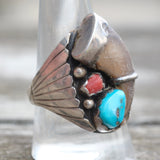 Vintage Sterling Turquoise and Coral Claw Ring 10.5
