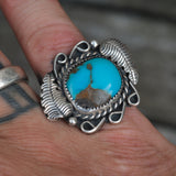 Vintage Sterling Turquoise Feather Ring 6.25