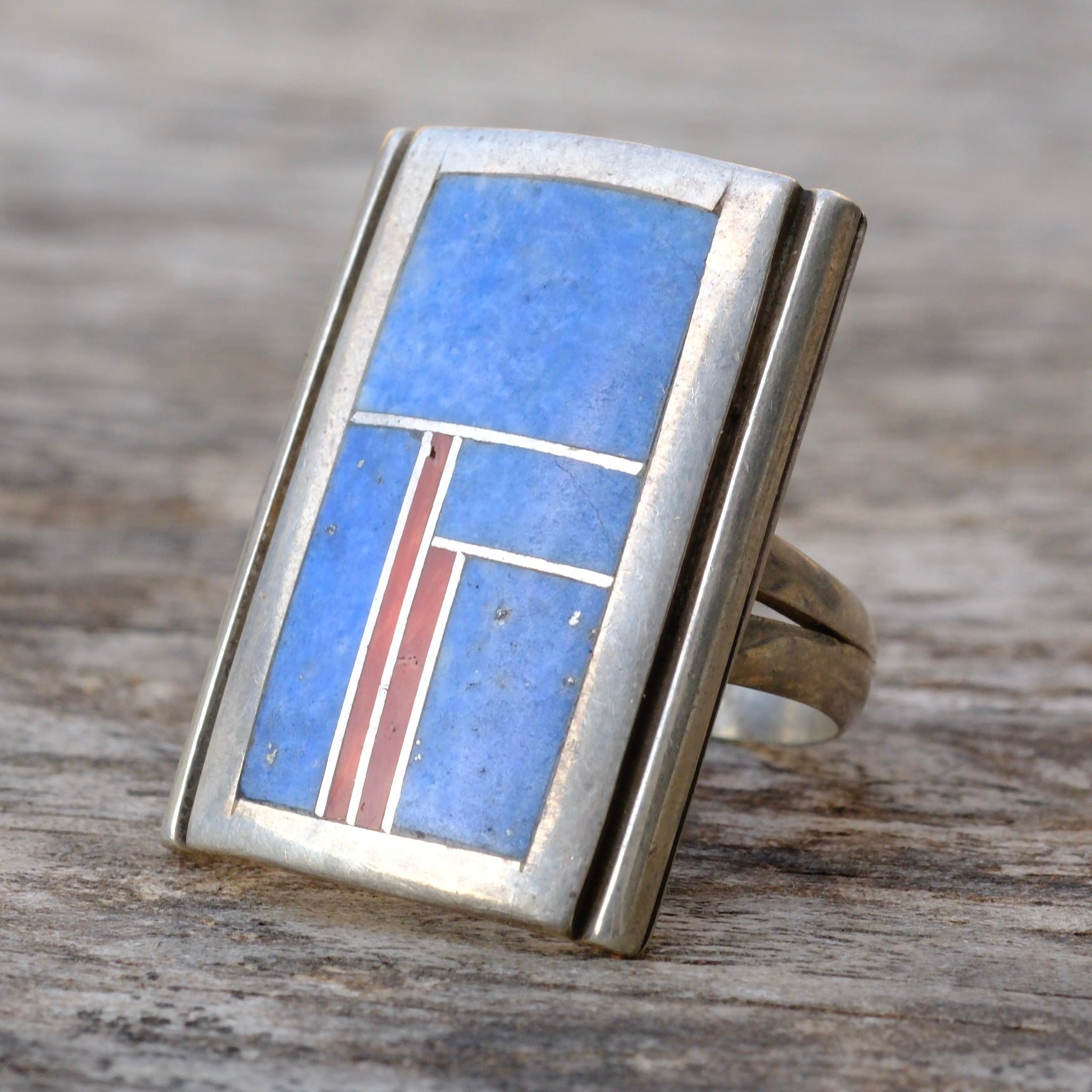 Vintage Sterling Sodalite and Coral Inlay Mosaic Ring 6.25