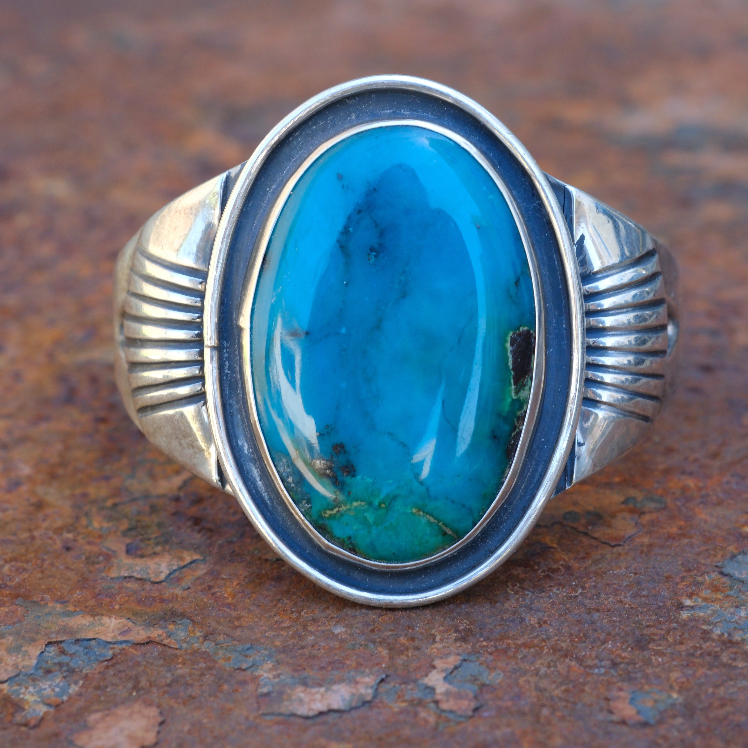 Vintage Sterling Turquoise Ribbed Cuff Bracelet