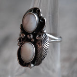 Vintage Sterling 2-Stone Mother Of Pearl Feather Ring 6.75