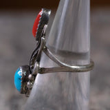 Vintage Sterling Turquoise and Coral Feather Ring 6.75