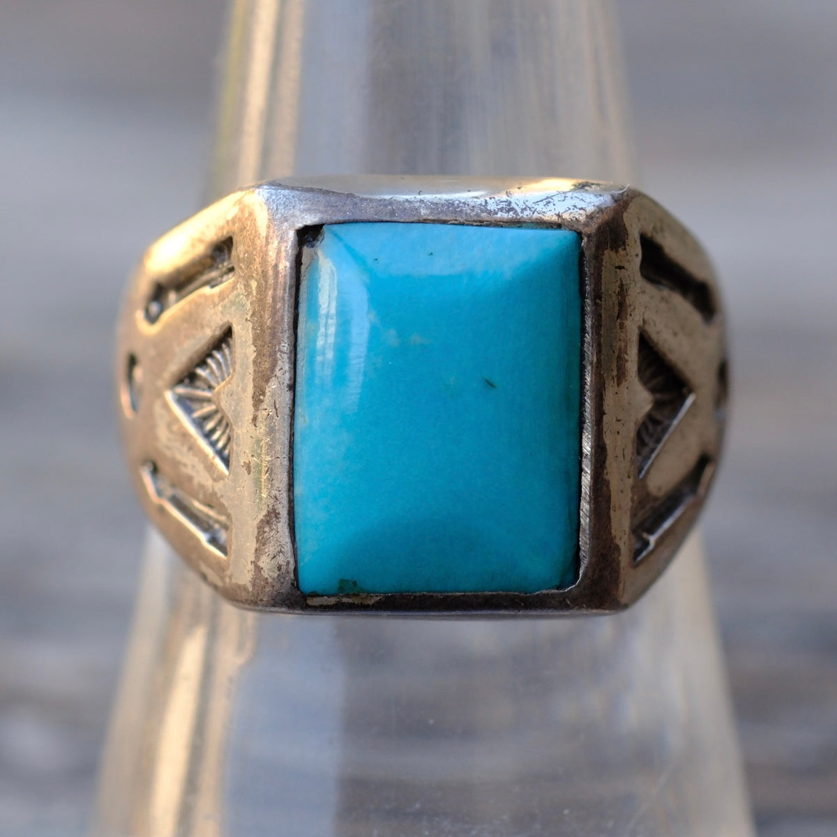 Vintage Sterling Turquoise Stamped Arrows Trading Post Ring Ring 8.75