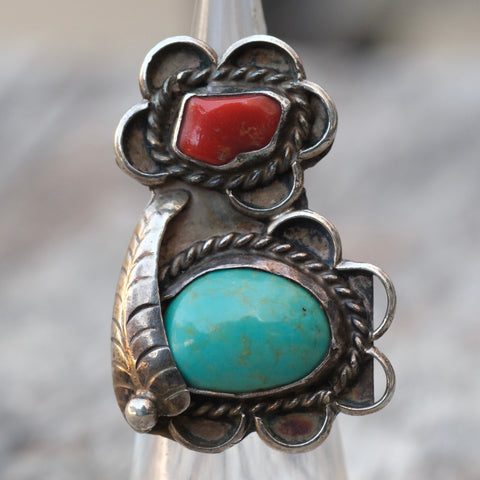 Vintage Sterling Turquoise and Coral Feather Ring 4