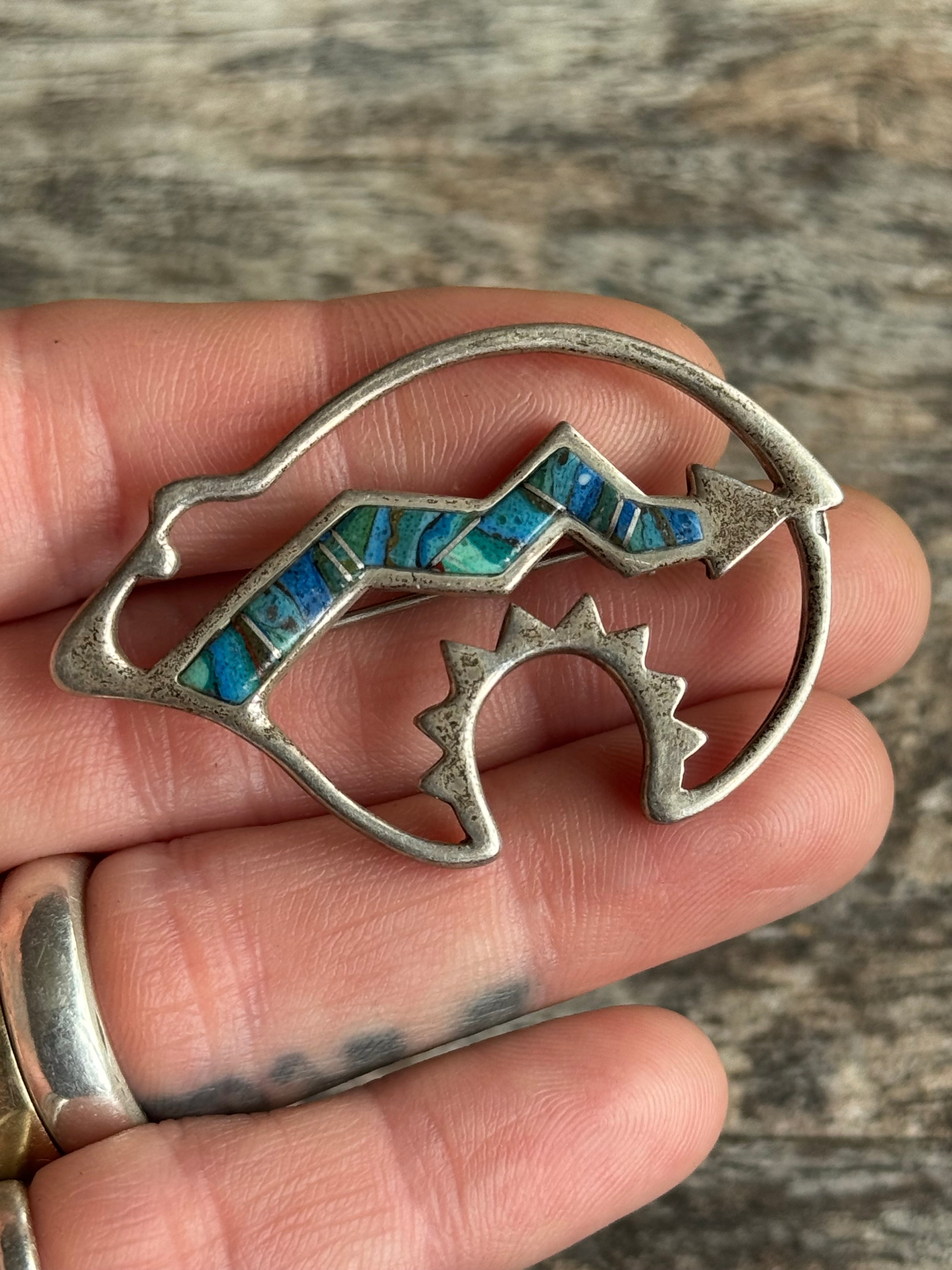 Vintage Sterling Silver Multistone Inlay Spirit Bear Pin