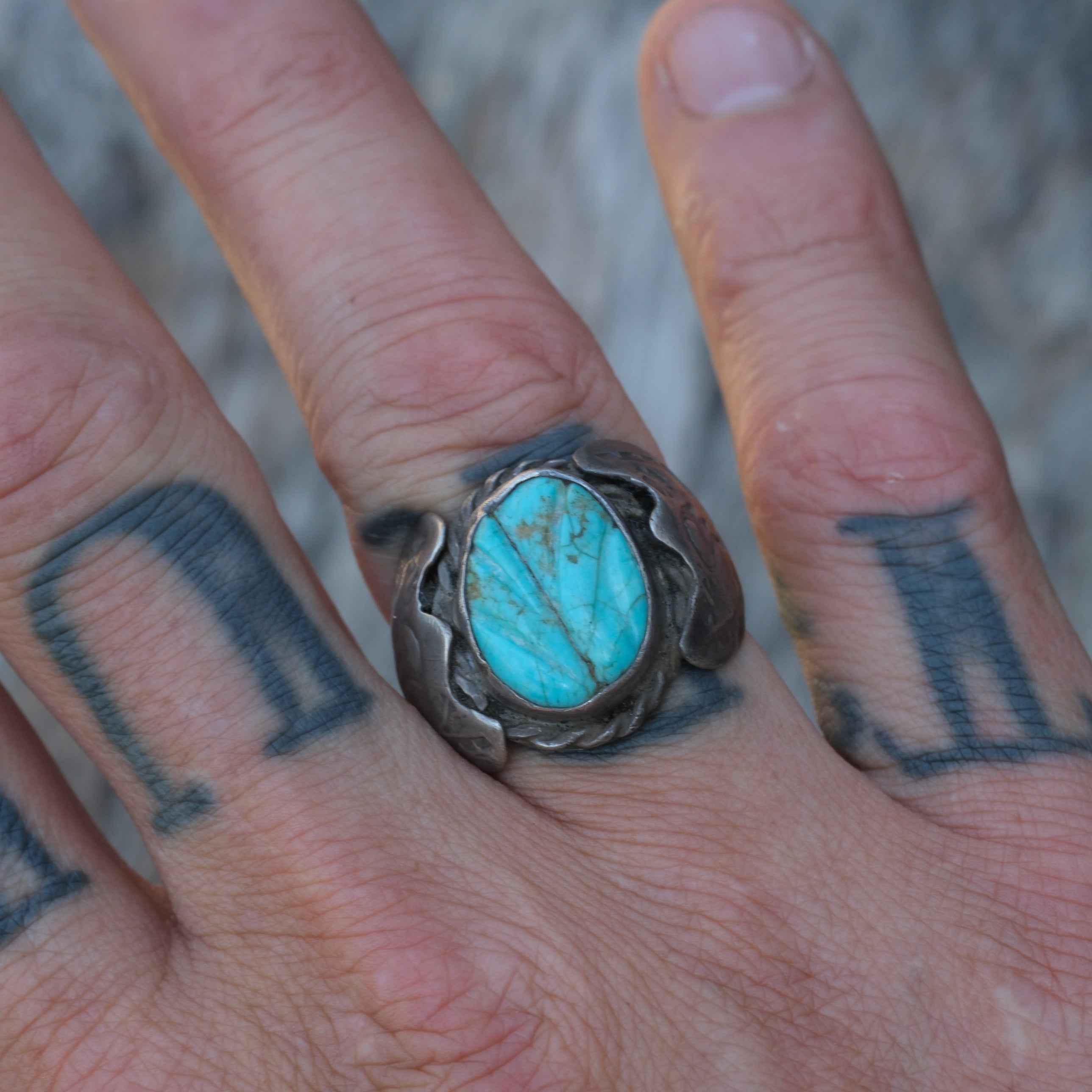 Vintage Sterling Carved Turquoise Ring 7