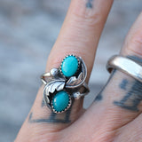 Vintage Sterling 2-Stone Turquoise Feather Ring 5.75
