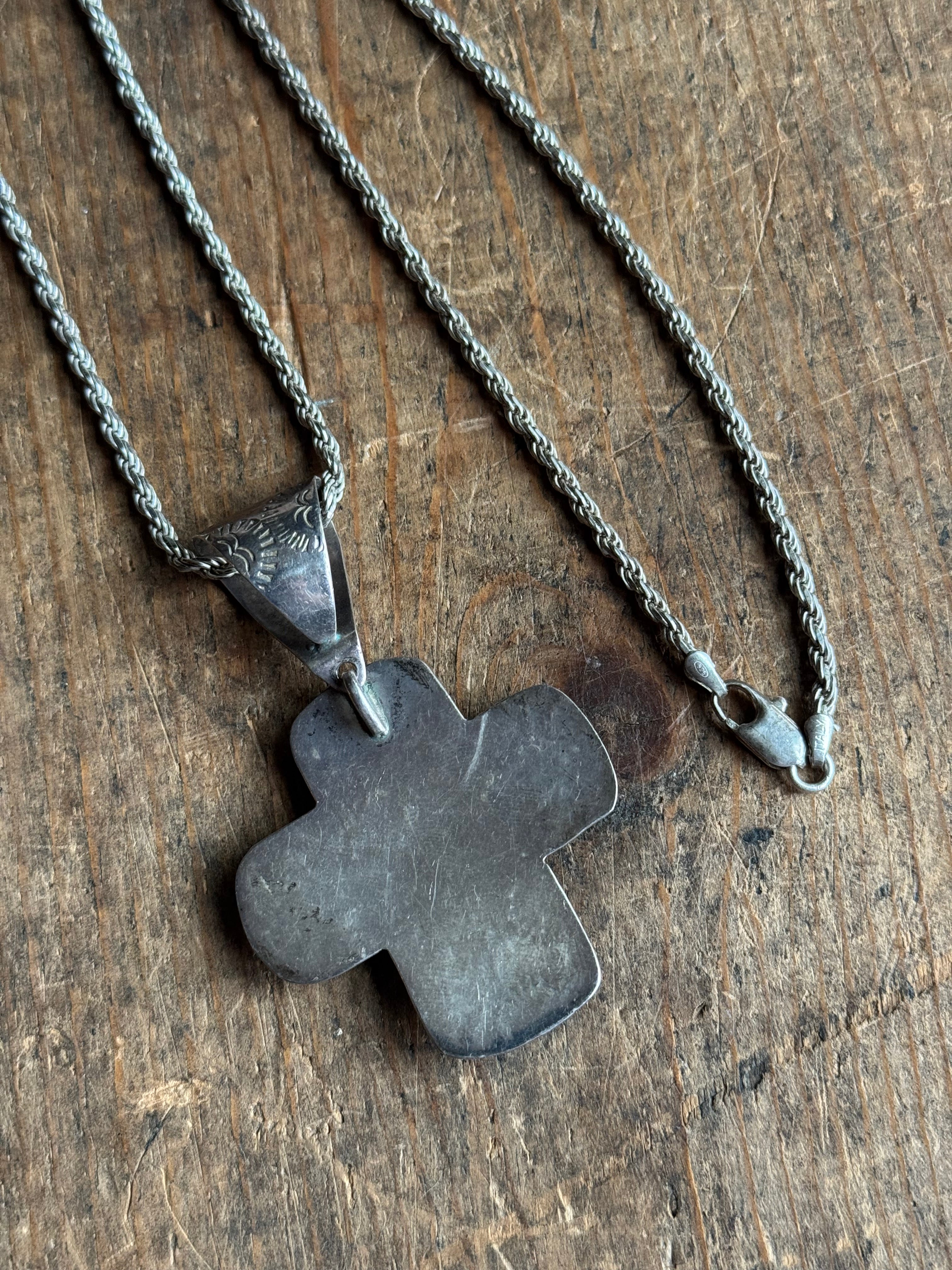 Vintage Sterling Silver Onyx Stamped Cross Necklace