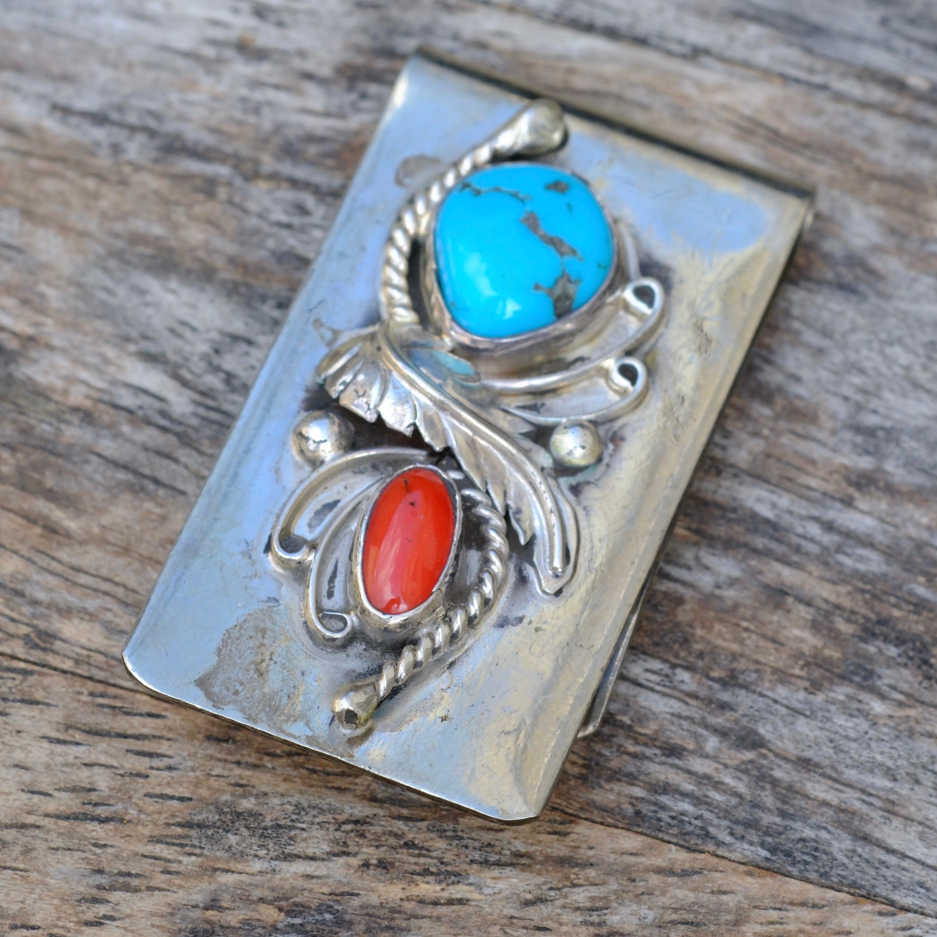 Vintage Turquoise and Coral Feather Money Clip