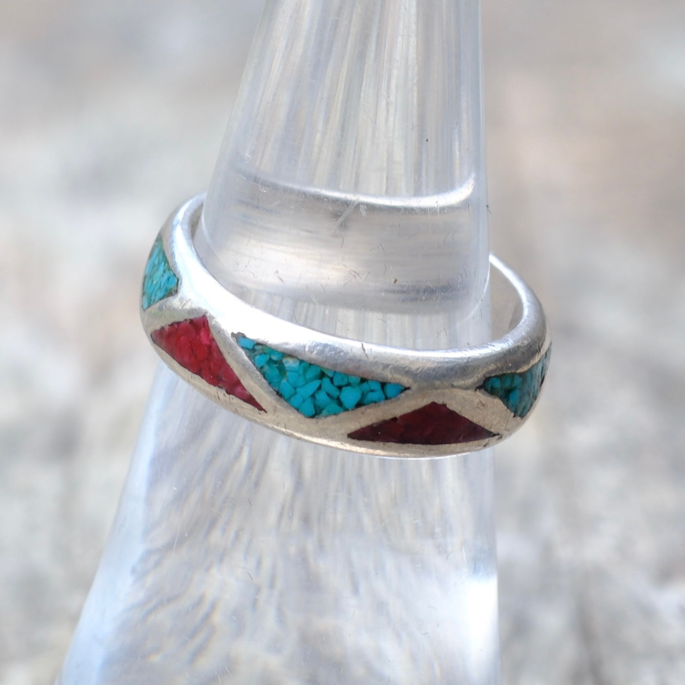 Vintage Sterling Silver Crushed Turquoise & Coral Inlay Band 6.5