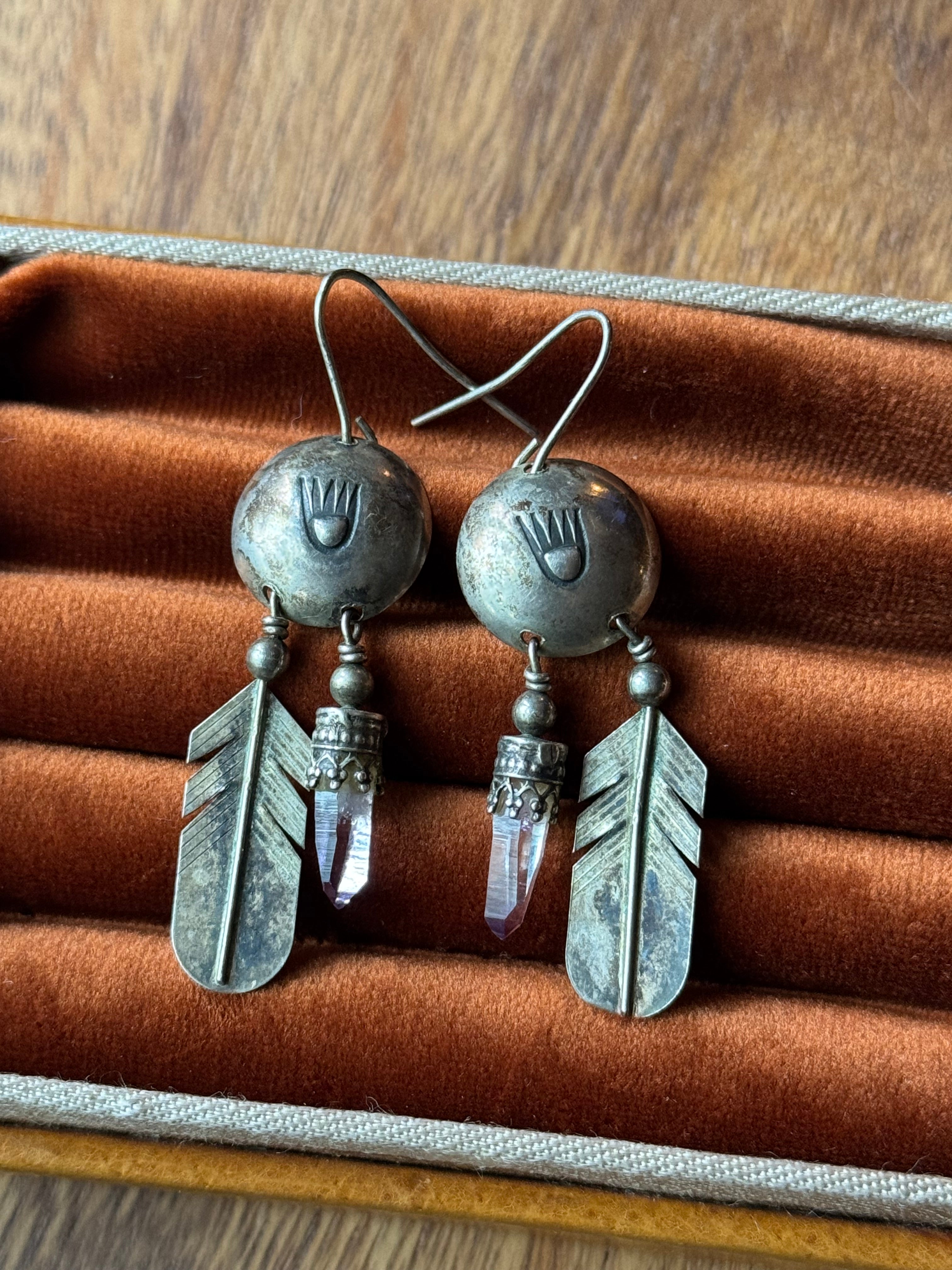 Vintage Sterling Silver Stamped Quartz Dreamcatcher Earrings