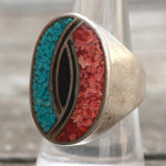 Vintage Sterling Turquoise and Coral Inlay Ring 8.75