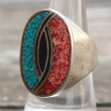Vintage Sterling Turquoise and Coral Inlay Ring 8.75