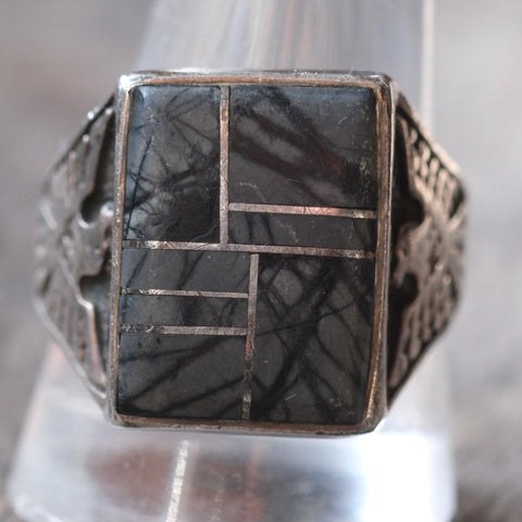 Vintage Sterling Jasper Inlay Thunderbird Ring 12.5